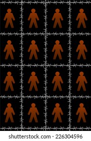 People that are separated by barbwire, a symbol for isolation. Isolated vector illustration on black background.