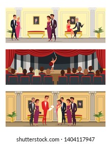People at theater vector illustration set. Audience watching performance on stage. Luxury opera, operetta hall interior. Elegant ladies and rich man cartoon characters at cinema premiere