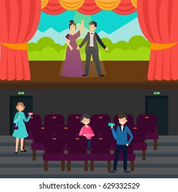 People In theatre horizontal banners with actors standing on stage and audience in flat style vector illustration