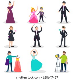 People in theatre set with singers musicians actors spectators conductor dresser and operator isolated vector illustration