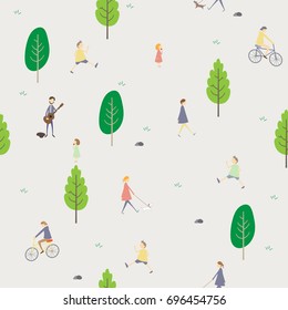 People and their activity in Park, Healthy outdoor life seamless pattern 