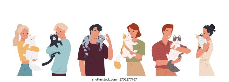 People and their cats isolated on white background. Set of portraits of adorable pet owners and cute domestic animals. Vector illustration in a flat style - Shutterstock ID 1708277767