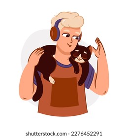 People and their cats isolated on a white background. A set of portraits of charming pet owners and cute pets. Vector illustration in a flat style