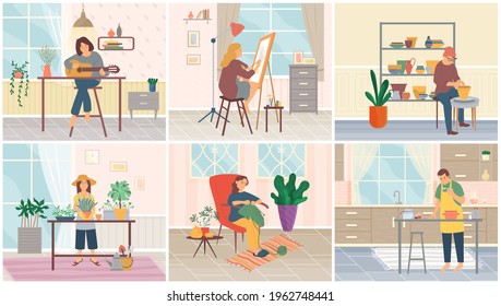 People and their creative artistic hobbies series of cartoon characters doing their favorite things. Person enjoying leisure time and main activities, cooks, draws, reads, gardening, pottery, music