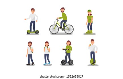 People And Their Eco Friendly Alternative Vehicles Vector Illustration Set Isolated On White Background
