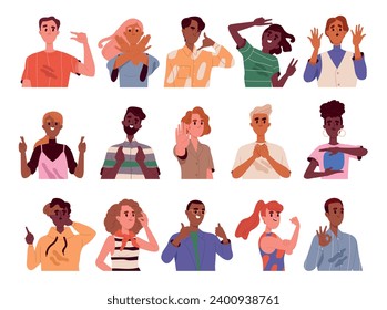 People and their emotions set. Men and women with facial expressions and gestures. Young guys and girls with moods and feelings. Cartoon flat vector collection isolated on white background