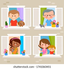 People at their homes looking out of windows. Vector illustration
