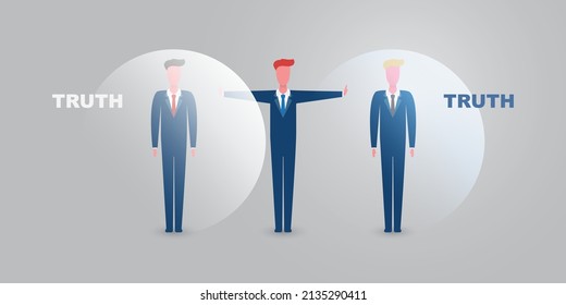 People in Their Own Information Bubble with Totally Different Opinions Debating, Beating the Air - A Moderator Between Them - Concept Design of Debate, Intellectual Isolation, One Sided Knowledge