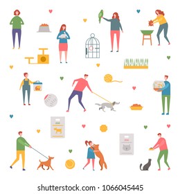 People with their pets cat, dog, goldfish, rabbit, parrot cockatoo.Flat style design elements isolated on white background