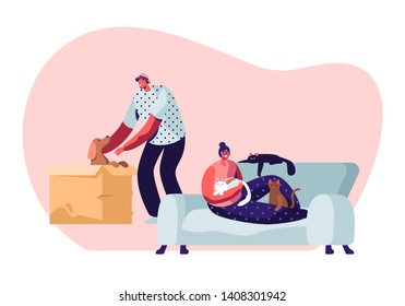 People and their Pets. Happy Cheerful Man Find Little Puppy in Cardboard Box, Taking him on Hands, Woman Sitting on Sofa at Home with Many Cats around. Love to Animals Cartoon Flat Vector Illustration