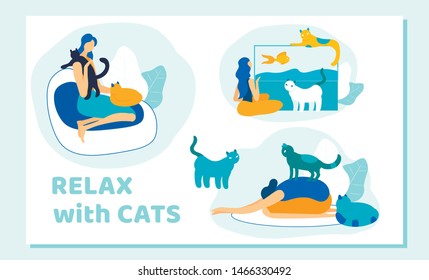 People and their Pets. Happy Cheerful Woman Watching in Gold Fish Swimming in Aquarium, Girl Relax at Home with Many Cats around. Love to Domestic Animals. Cartoon Flat Vector Illustration, Banner