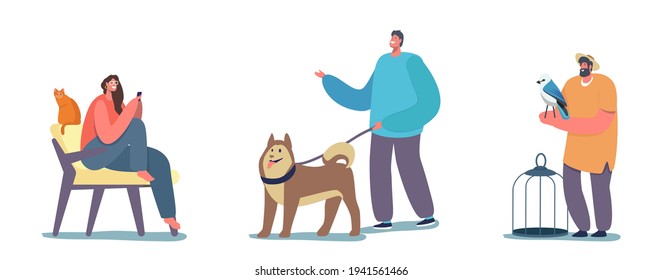 People and their Pets, Happy Cheerful Man with Husky Puppy on Leash, Woman Sitting on Chair at Home with Cat. Male Character with Parrot and Cage, Love to Animals. Cartoon People Vector Illustration