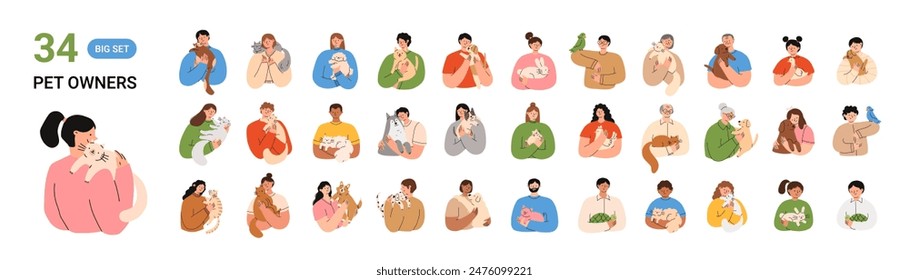 People with their pets. Happy domestic animal owners. Big set of people holding cats, dogs, rabbits, hamsters, turtles. Flat vector illustration isolated on a white background.