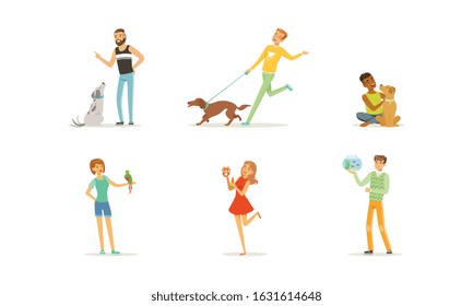 People with Their Pets, Men and Women Characters Training and Playing their Pet Animals, Turtle, Dog, Cat, Aquarium Fishes, Hamster Vector Illustration