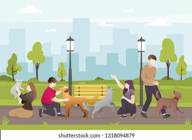 People With Their Pets In The Park. People Take Care Of Their Dogs. Beautiful Green Park, People Walking With Their Dog. Owner And Their Pets - Vector Illustration