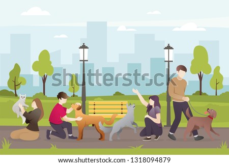 People with their pets in the park. People take care of their dogs. Beautiful green park, People walking with their dog. Owner and their pets - Vector illustration