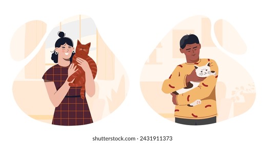 La gente y sus mascotas. Hombre y mujer con gato blanco y naranja. Cuídate de los animales domésticos. Amor y apoyo para el gatito. Colección de vector plana de dibujos animados aislada sobre fondo blanco