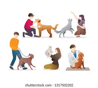 People with their pets. Set of pet owners isolated on white background. Collection of men and woman holding their domestic animals, walking and playing with them. Vector illustration