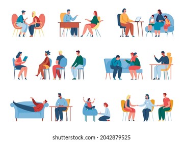 People at therapy session with psychologist, counseling psychology. Professional psychotherapist talking to patient, children therapy vector set. Appointment at doctor office providing medical help