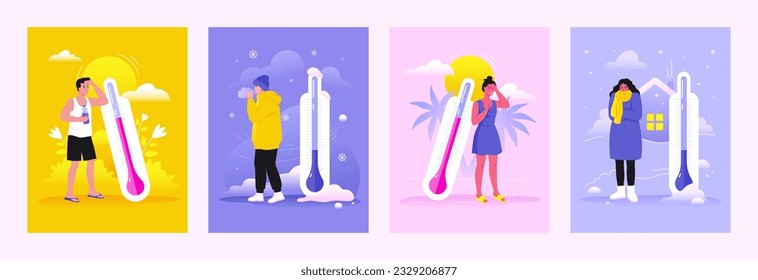 People with thermometers. Cold and hot weather. Winter and summer temperature meter. Sunstroke or thirst. Sun heat. Warm clothes. Shivering from the cool. Vector meteorology cards set