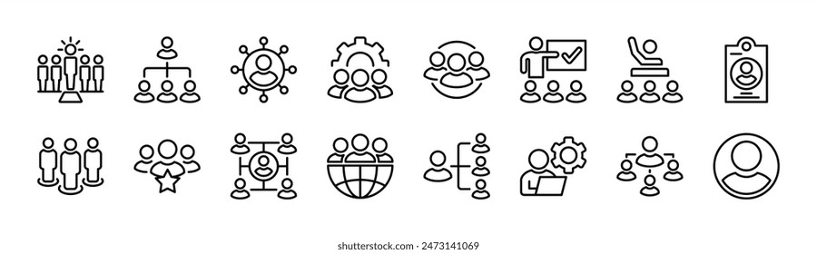 People thin line icon set. Containing group, leader, businessman, staff, human resource, teamwork, hierarchy, office management, manager, user, profile, organization, agent. Vector illustration