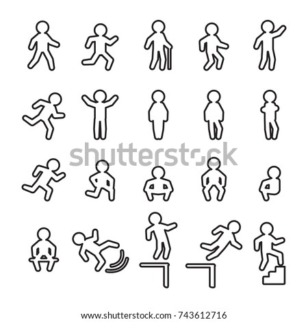 People thin line icon set. People running, walking, falling, standing, and sitting. Vector. 