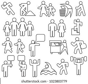 people thin line icons set (happy family, father, mother, grandfather, children, woman, parent together, wc icon, icon male and female, recycling sign, demonstrators, gym, recycling)