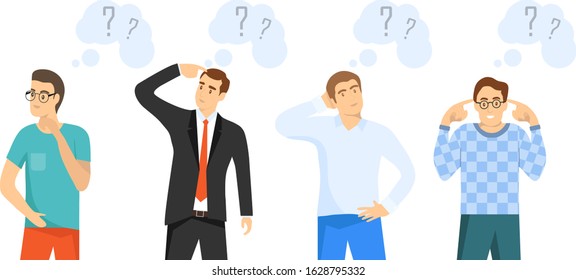 People think about the problem. People think how to solve the created problem. Men stand and think. Flat vector cartoon illustration. Vector.