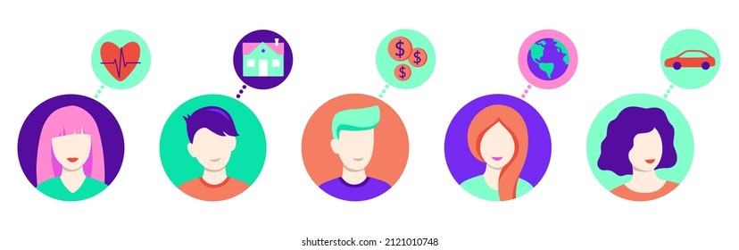 People think about their problems. User portraits. Male and female avatars and symbols - money, car, house, health, globe. Round icons. Flat cartoon vector illustration, isolated on white background.