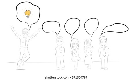 people think about work. miniature on teamwork and partnership. Hand drawn cartoon vector illustration for business design and infographic