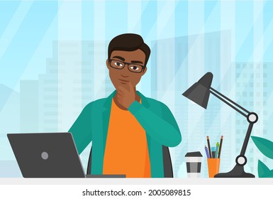 People think, businessman thinking vector illustration. Cartoon young serious man manager character working, sitting at office table with laptop in thoughts in search of business work idea background