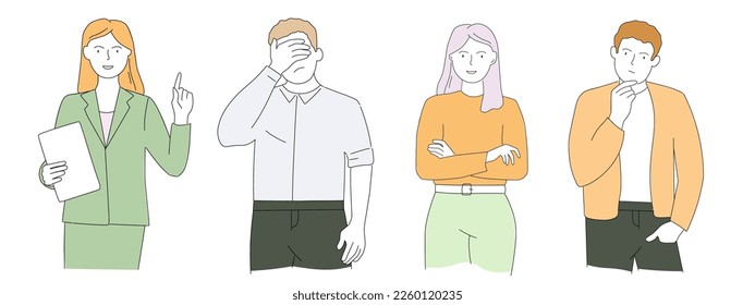 People think, make a choice, hold their head with their hand, express emotions. Gestures of men and women, students, manager. Vector graphics in linear style.