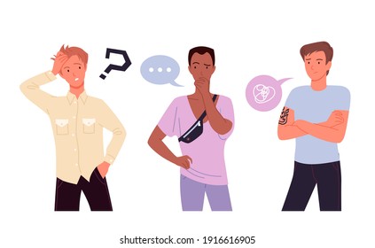 People think vector illustration set. Cartoon confused young guy characters standing and thinking with question mark, curious student boys have trouble problem and unhappy emotions isolated on white