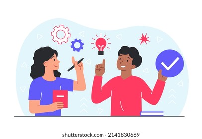 People thinking about. Girl helps guy come up with idea, brainstorm and insight. Employees looking for ways to solve project, colleagues introduce innovations. Cartoon flat vector illustration