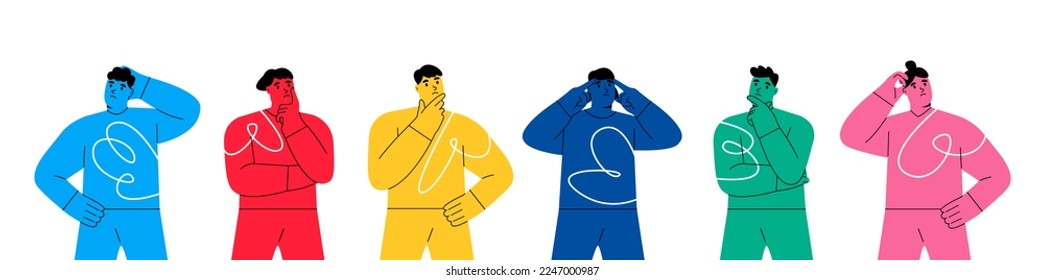 People thinking, doubting set.  Men and women in thoughts, pondering, wondering. Uncertain confused persons. Colorful vector illustration