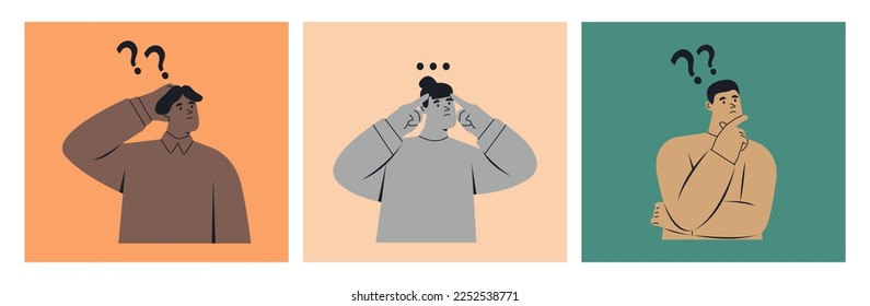 People thinking, doubting set. Men and women in thoughts, pondering, wondering. Uncertain confused persons. Set of three cards. Colorful vector illustration
