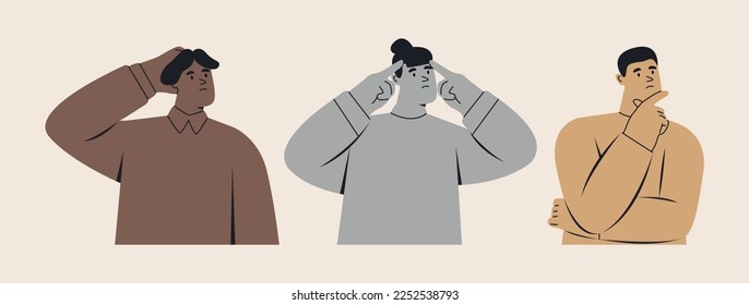 People thinking, doubting set. Men and women in thoughts, pondering, wondering. Uncertain confused persons. Colorful vector illustration
