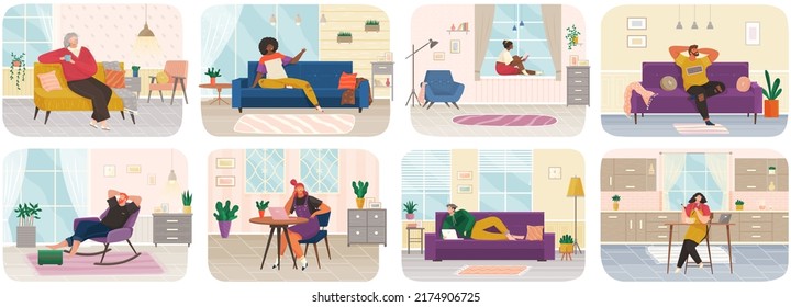 People thinking or making decision scenes set, young man and woman thinking of something. Fantasy characters with imaginary thoughts, new dreams, fancied ideas sitting at home, relaxing and reading