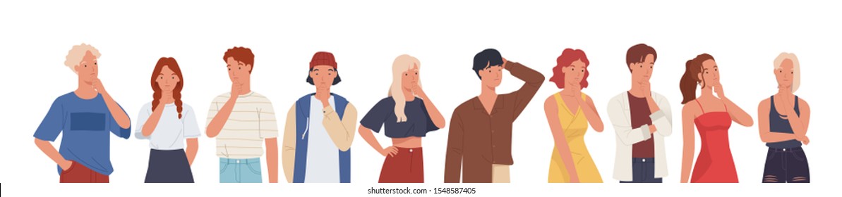 People thinking or making decision set, young man and woman thinking of something. Vector illustration in a flat