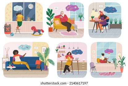 People thinking or making decision set, young man and woman thinking of something vector. Dreaming people. Fantasy characters with imaginary thoughts, new dreams, fancied ideas