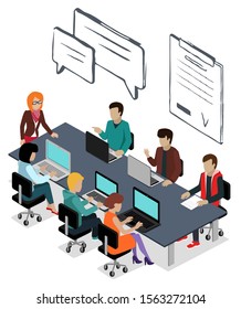 People thinking on new project. Isolated conference of business partners chatting and typing info on laptop. Leader of company with workers brainstorming. Man and woman with pc by tables vector