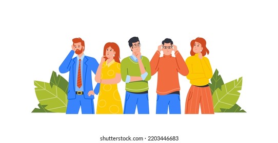 People Thinking, Searching Solution, Business Male and Female Characters Brainstorm, Pensive Businesspeople Mental Research, Curiosity, Worried Men and Women Team. Cartoon Vector Illustration