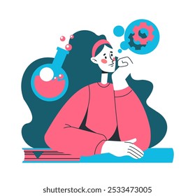 People thinking. Smart student. Thoughtful person. University education. Young clever woman with chemical lab beaker. Chemistry lesson. Pensive girl at classroom desk. Mind gear. Vector school concept