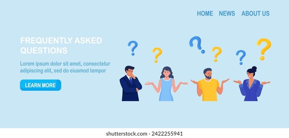 People thinking or solving problem. Frequently asked questions. Characters doubts and questioning everything with question mark. Searching solution