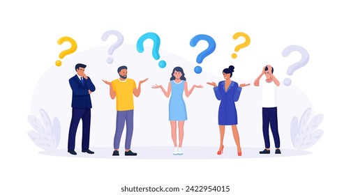 People thinking or solving problem. Frequently asked questions. Characters doubts and questioning everything with question mark. Searching solution