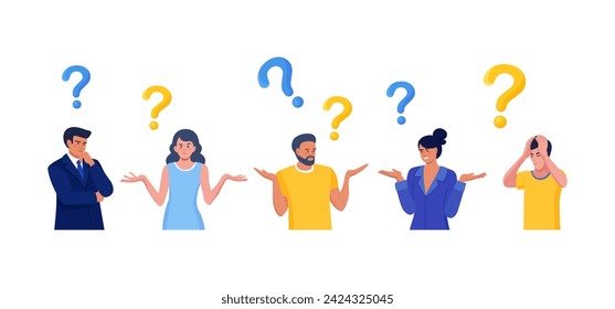 People thinking or solving problem. Frequently asked questions. Characters doubts and questioning everything with question mark. Searching solution