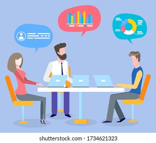 People with thought bubbles sitting at table and discussing sales and trades. Vector man and woman working with laptop, icons of creating idea, strategy and diagram
