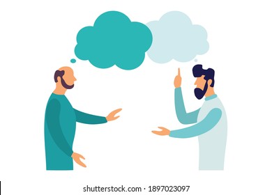 Gente con pensamientos sobre un fondo blanco. Concepto de comunicación. Gente plana charlando, ilustración de diálogo.