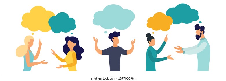 Menschen mit Gedanken auf weißem Hintergrund. Kommunikationskonzept. Männer und Frauen. Flacher Stil. Dialogillustration