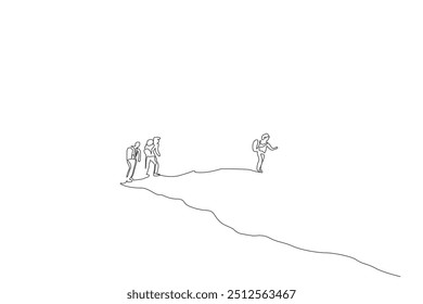 people three people together friends nature backpacking hike trekking walk back view one line art design vector